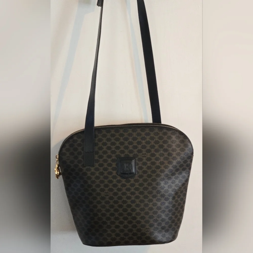 Celine | Double Zip Shoulder Tote Bag | Macadam Canvas & Black Leather | Vintage